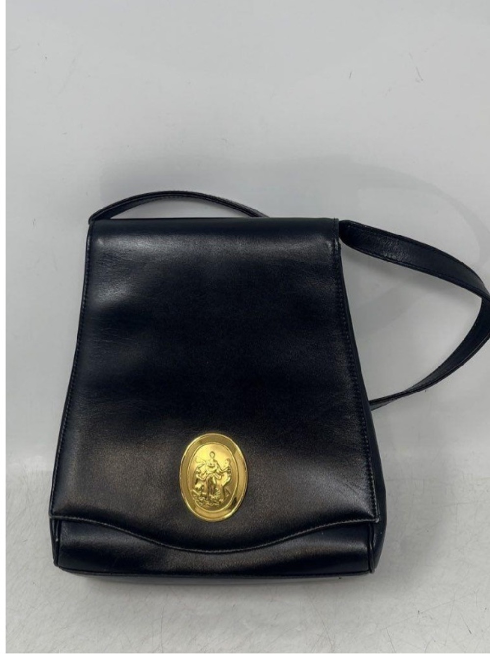 Vintage Nina Ricci Paris Black Leather Gold Medallion Crossbody Bag